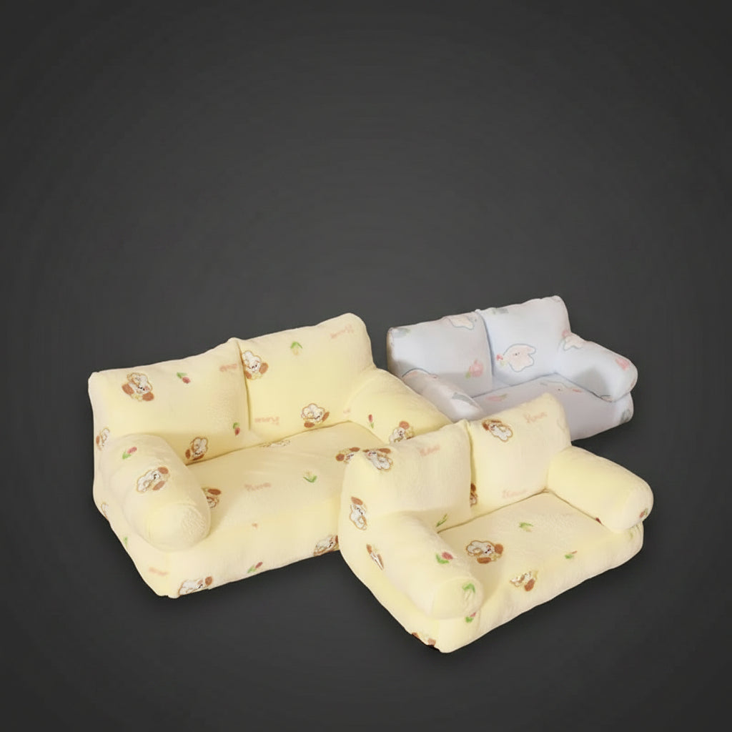 Sofa-style dog bed in yellow — L size showing full sofa profile with backrest and arms — SniffWaggleNWalk