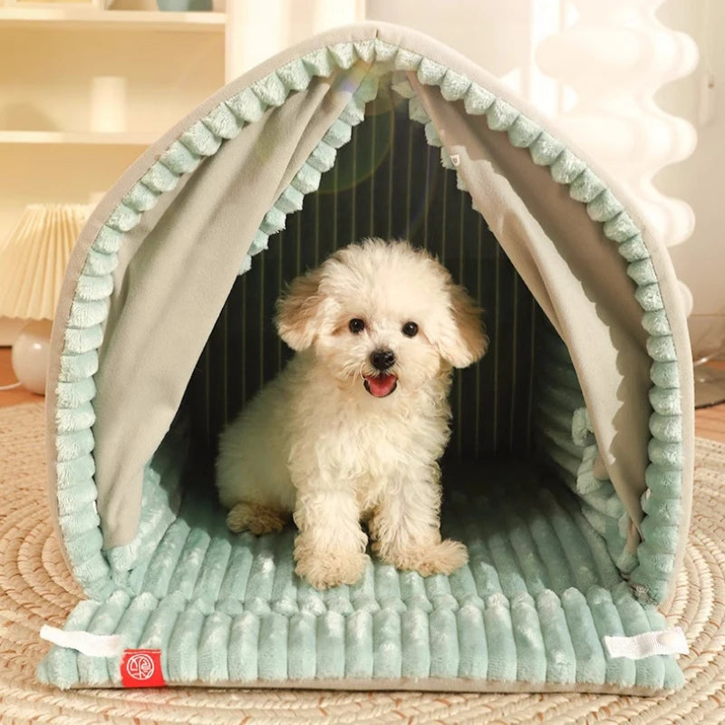 Close-up of chunky mint pom-pom trim edging on CampCozy house tent pet bed arch entrance
