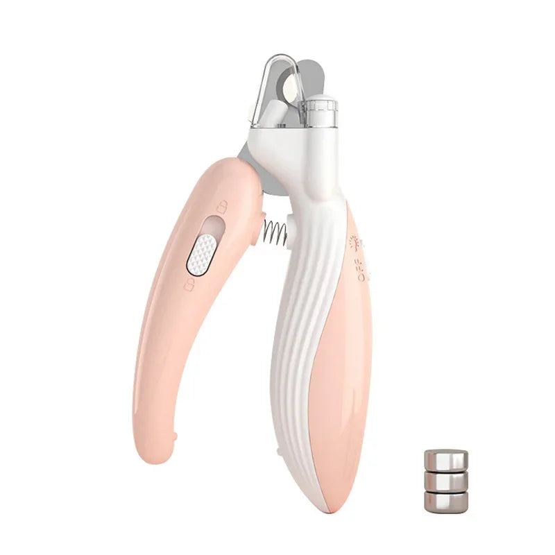 Pink and white pet nail clipper with a small silver object on a white background