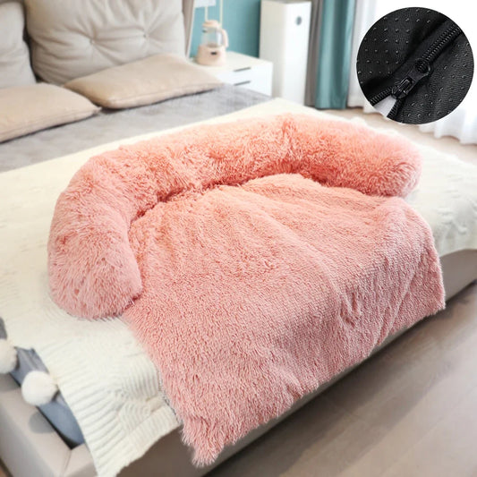 PoshPup CloudSofa long plush sofa dog bed in pink on bed — SniffWaggleNWalk