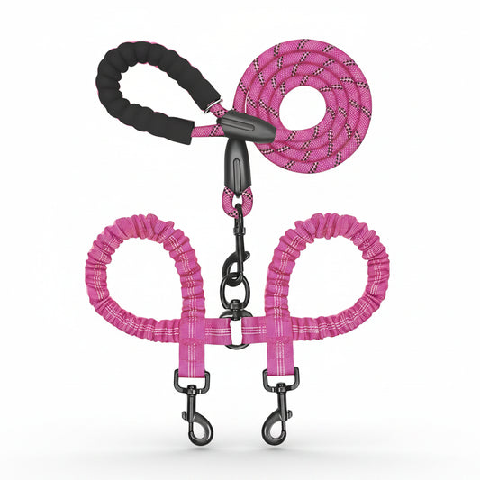 SniffWaggleNWalk DuoWalk™ double dog lead in pink — foam padded handle, bungee coupler and two carabiner clips