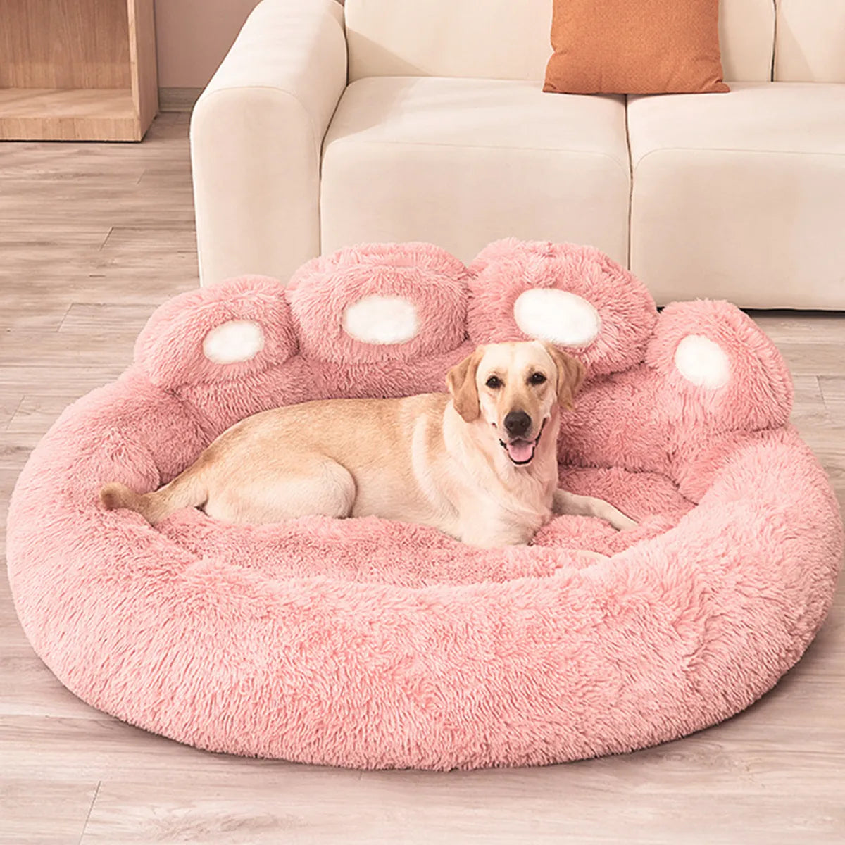 PoshPup PawCloud bear paw-shaped plush pet bed in pink — SniffWaggleNWalk