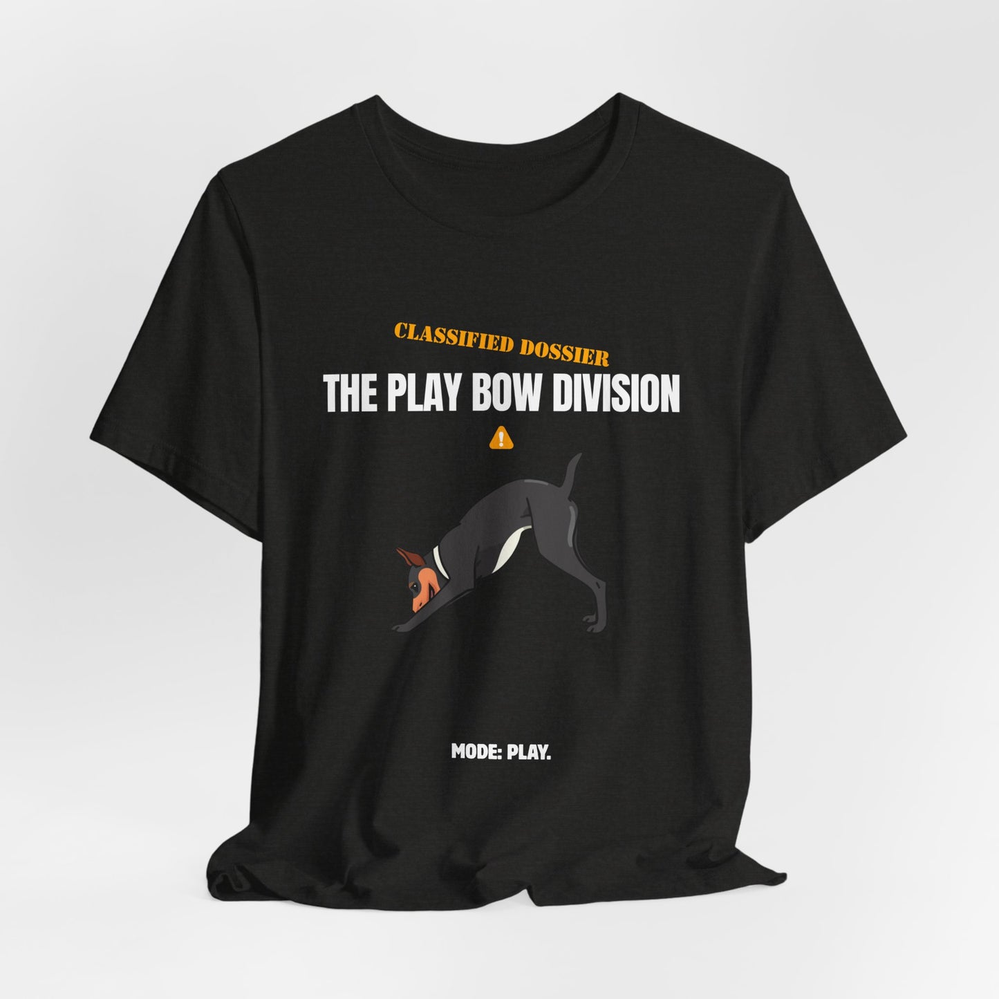 Play Bow Division dog t-shirt lifestyle shot with dog