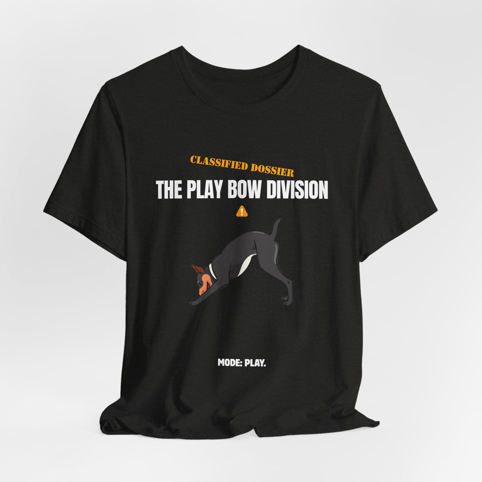 Play Bow Division dog t-shirt lifestyle shot with dog