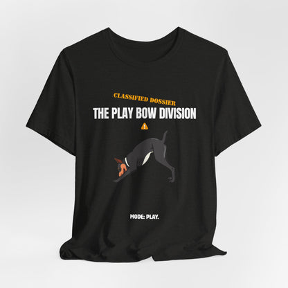 Play Bow Division dog t-shirt lifestyle shot with dog