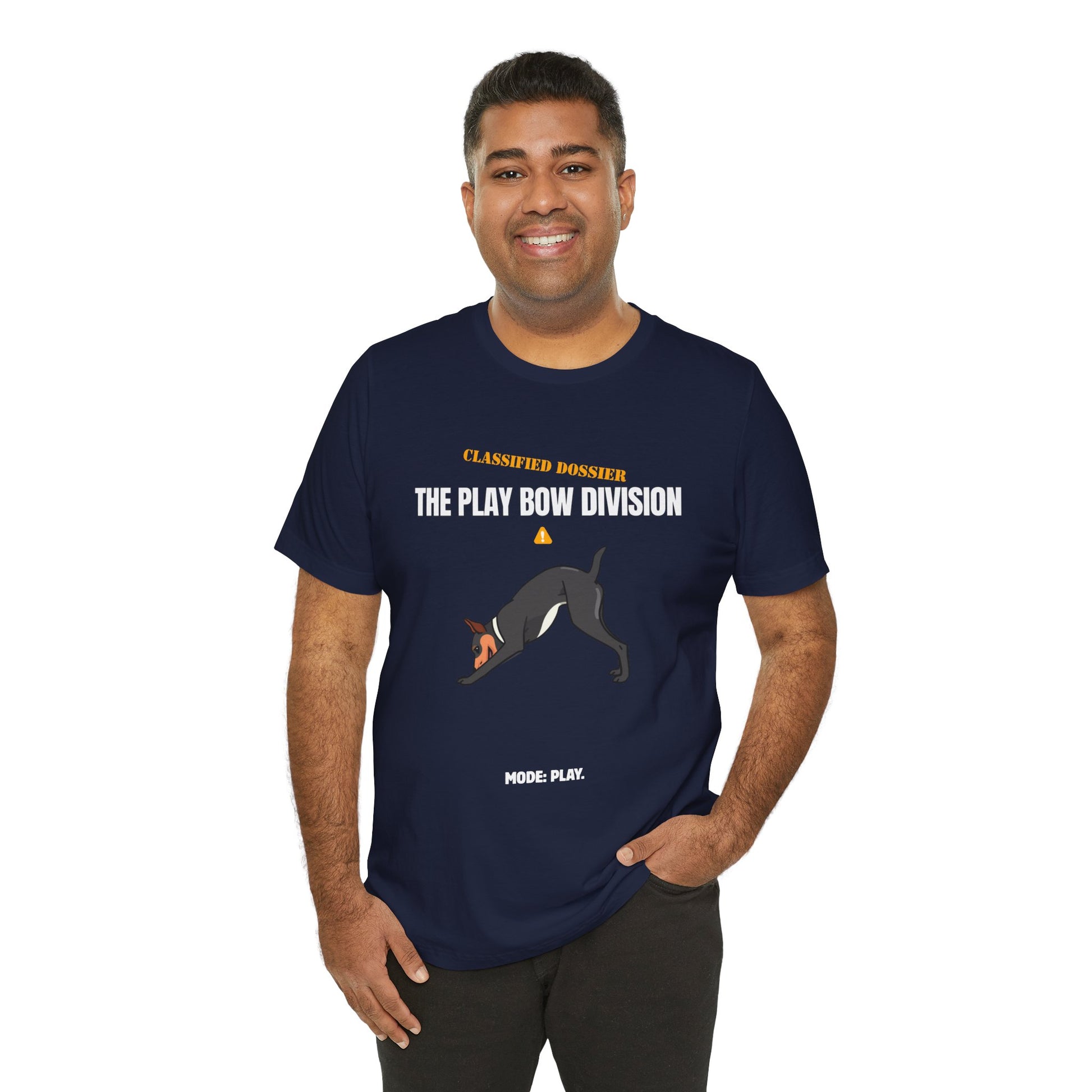 Play Bow Division dog t-shirt on model, arms crossed
