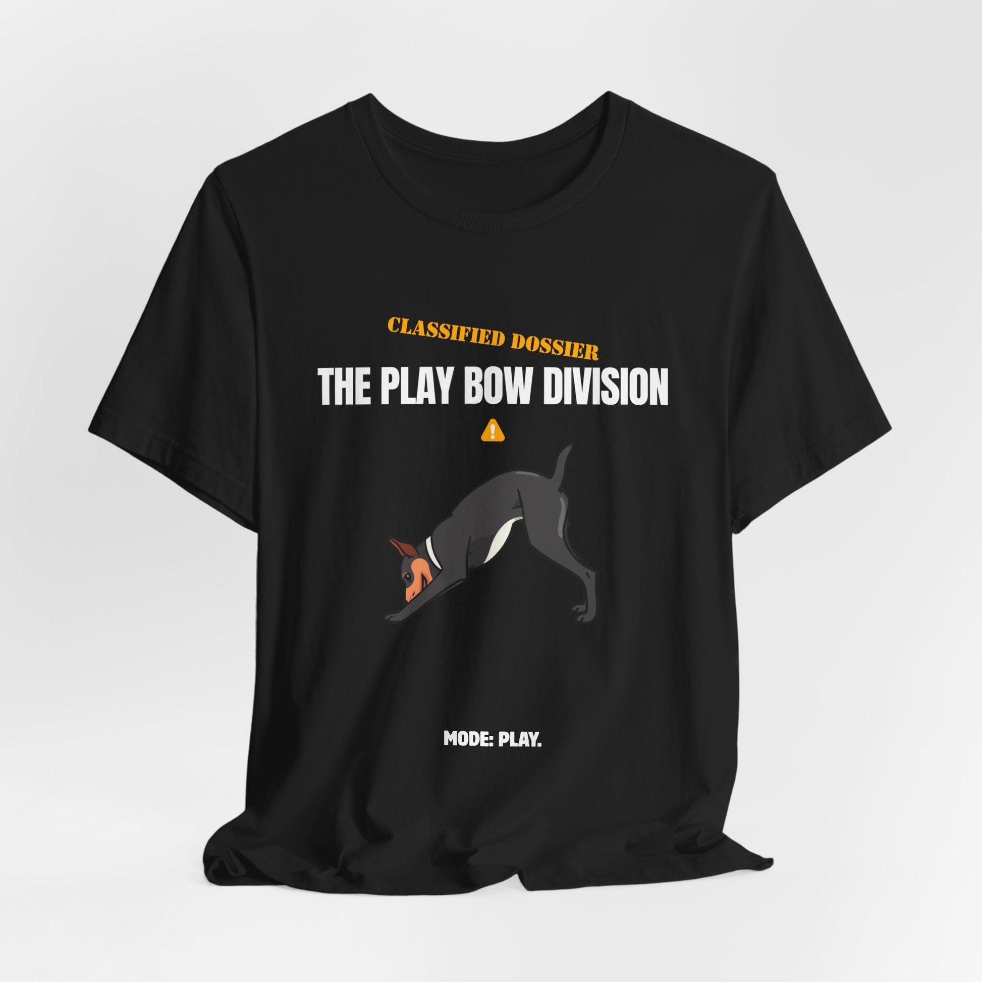 Play Bow Division dog t-shirt on model, black colour