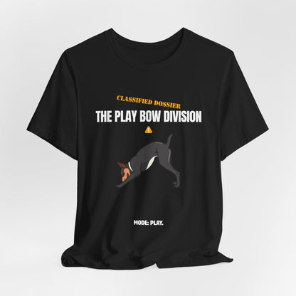 Play Bow Division dog t-shirt on model, black colour