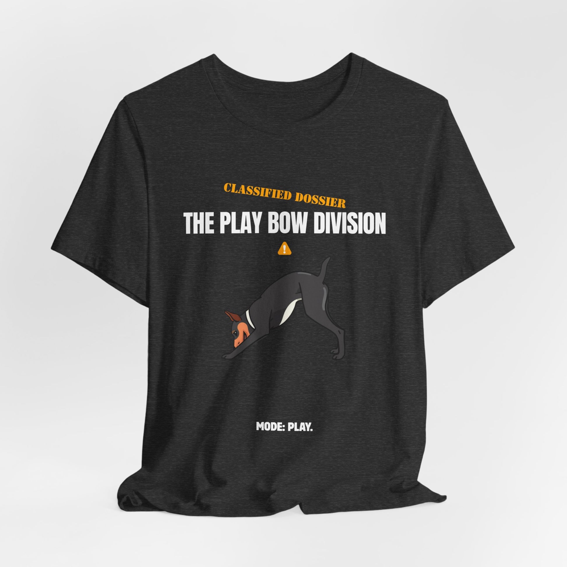 Play Bow Division dog t-shirt on model, close crop