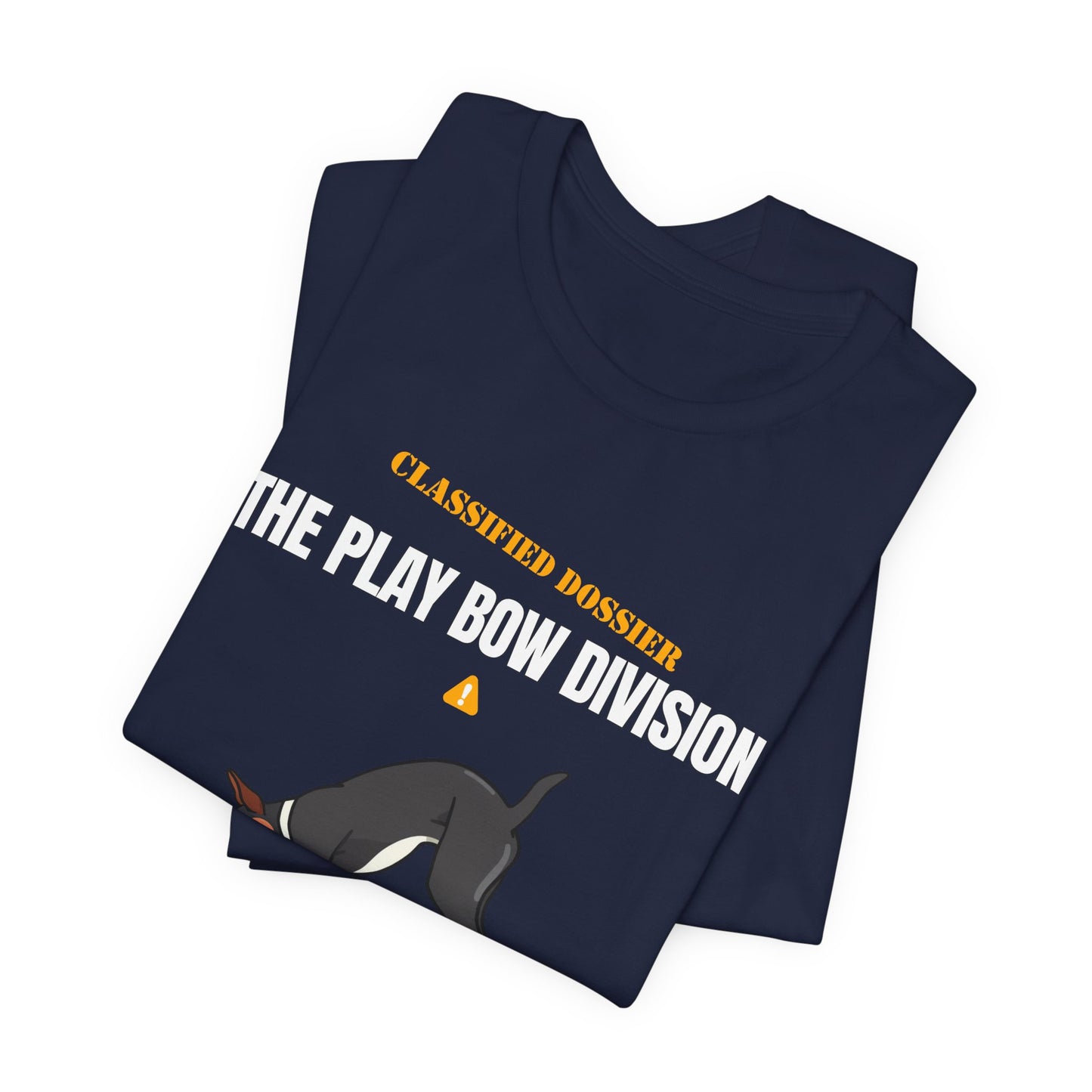 Play Bow Division dog t-shirt on model, laughing pose