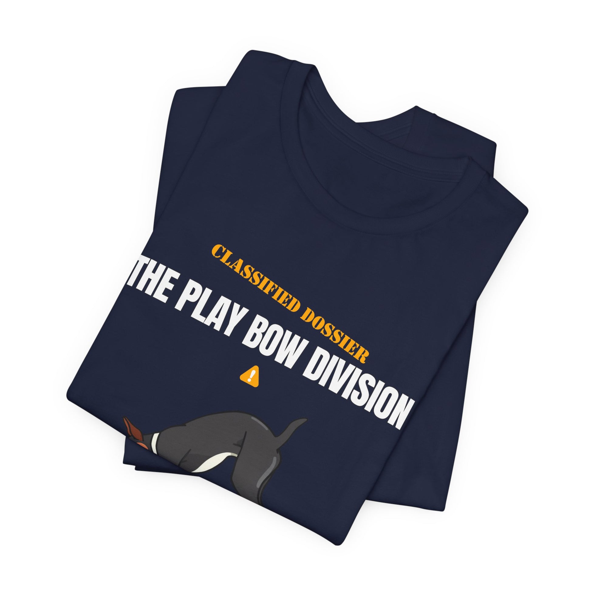 Play Bow Division dog t-shirt on model, laughing pose