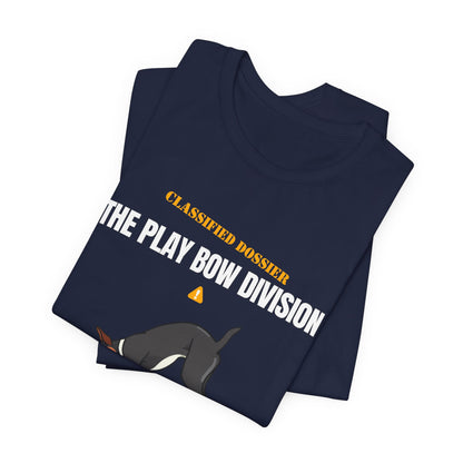 Play Bow Division dog t-shirt on model, laughing pose