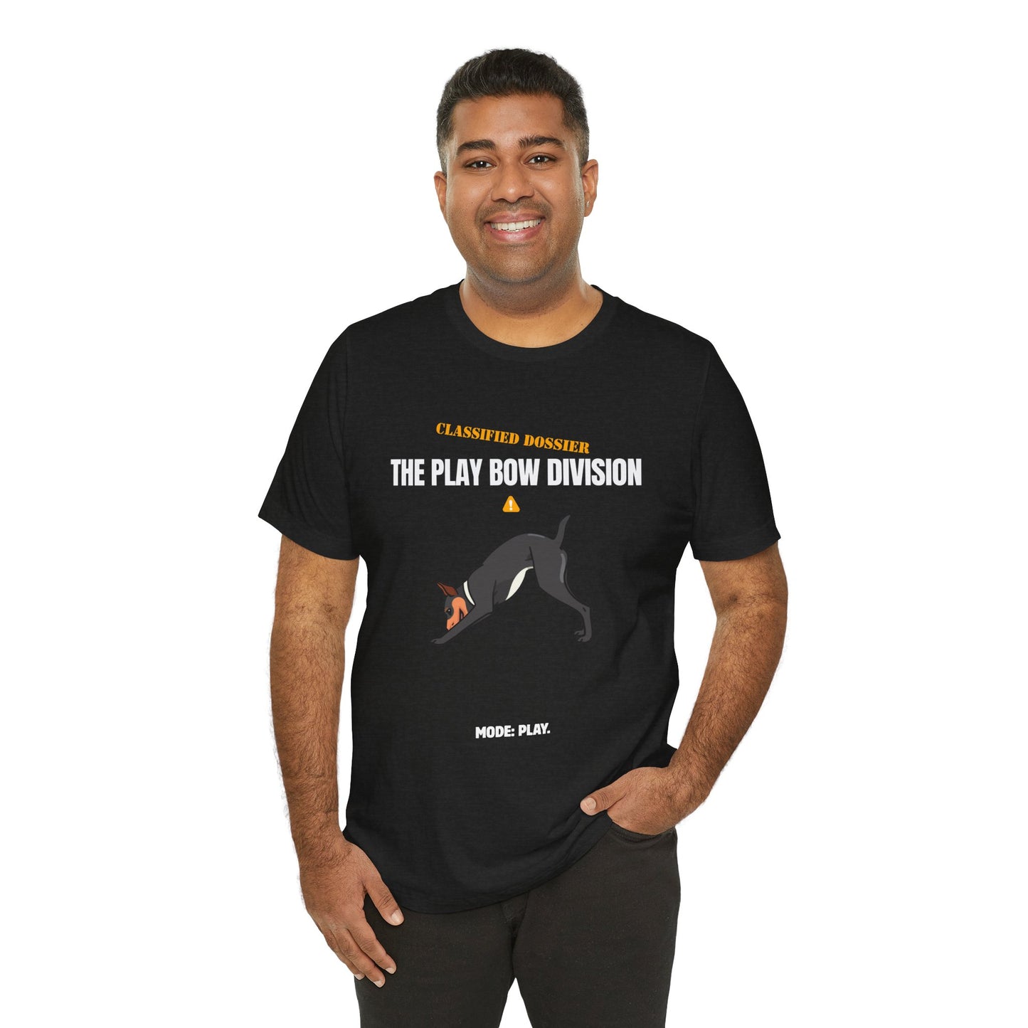 Play Bow Division dog t-shirt on model, maroon colour