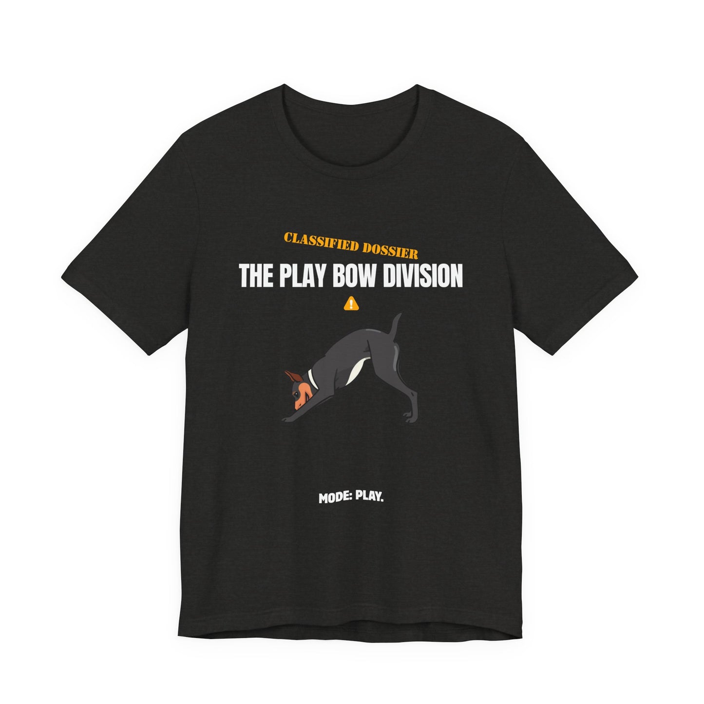 Play Bow Division dog t-shirt on model, navy colour