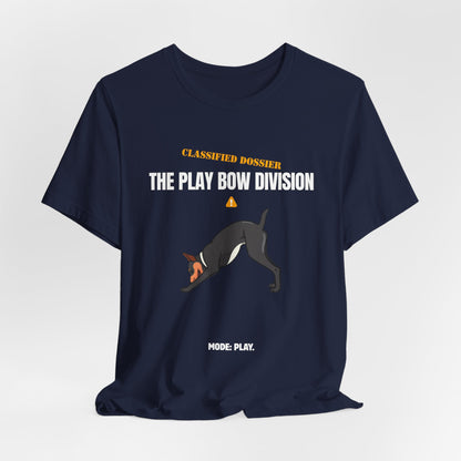 Play Bow Division dog t-shirt on model, standing pose