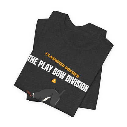 Play Bow Division dog t-shirt on model, walking pose
