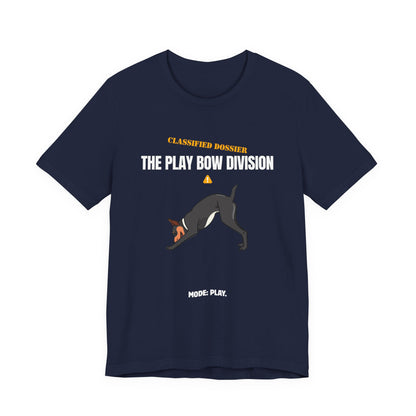 Play Bow Division dog t-shirt neckline detail