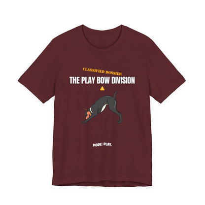 Play Bow Division dog t-shirt print close-up, second angle