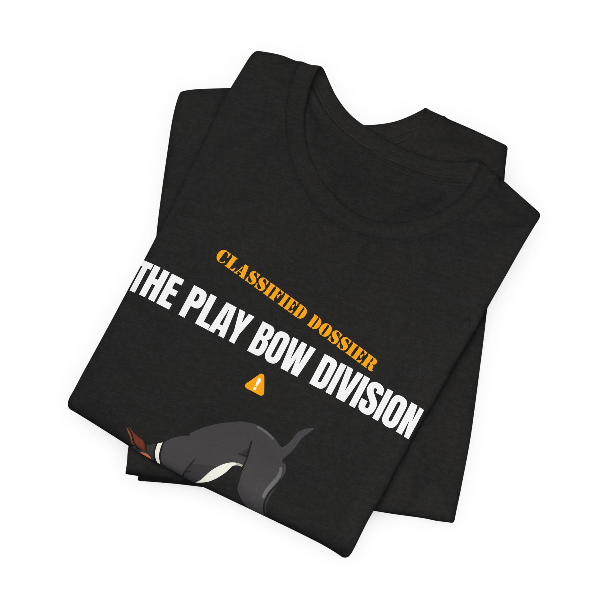 Play Bow Division dog t-shirt worn outdoors