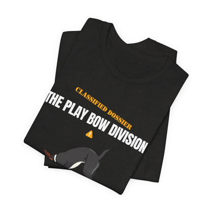Play Bow Division dog t-shirt worn outdoors