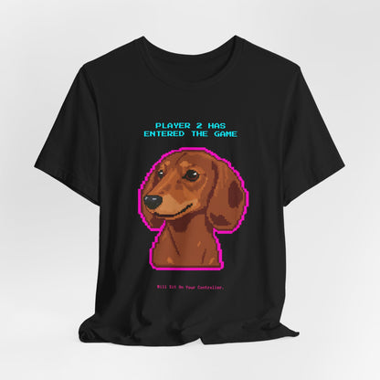 Player 2 Has Entered the Game T-Shirt - Funny Dachshund Gamer Unisex Tee - Colour Dark Grey Heather