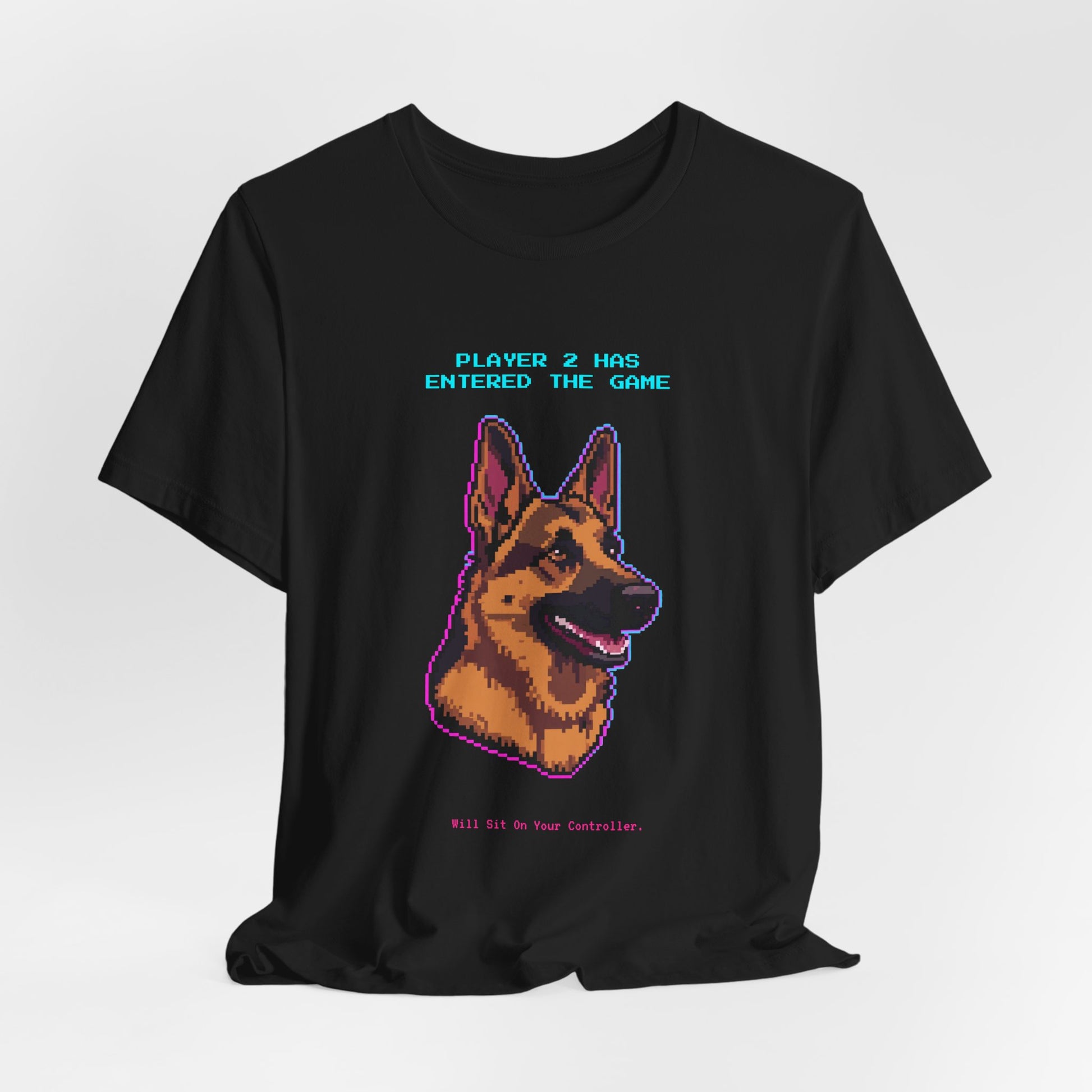 Player 2 Has Entered the Game T-Shirt - Funny German Shepherd Gamer Unisex Tee - Colour Dark Grey Heather