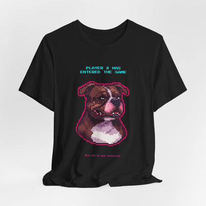 Player 2 Has Entered the Game T-Shirt - Funny Staffie Gamer Unisex Tee - Colour Dark Grey Heather