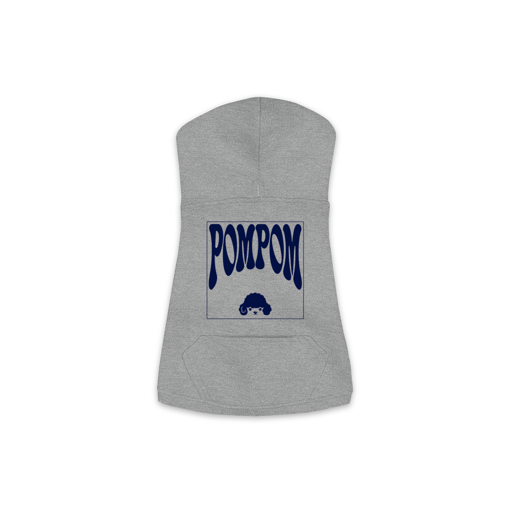 Pom Pom Hoodie in Granite Heather, size S, bold wordmark design