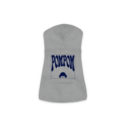 Pom Pom Hoodie in Granite Heather, size S, bold wordmark design