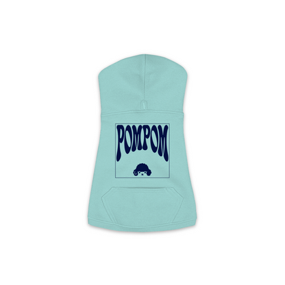 Pom Pom Hoodie in Saltwater, size XS, bold wordmark design