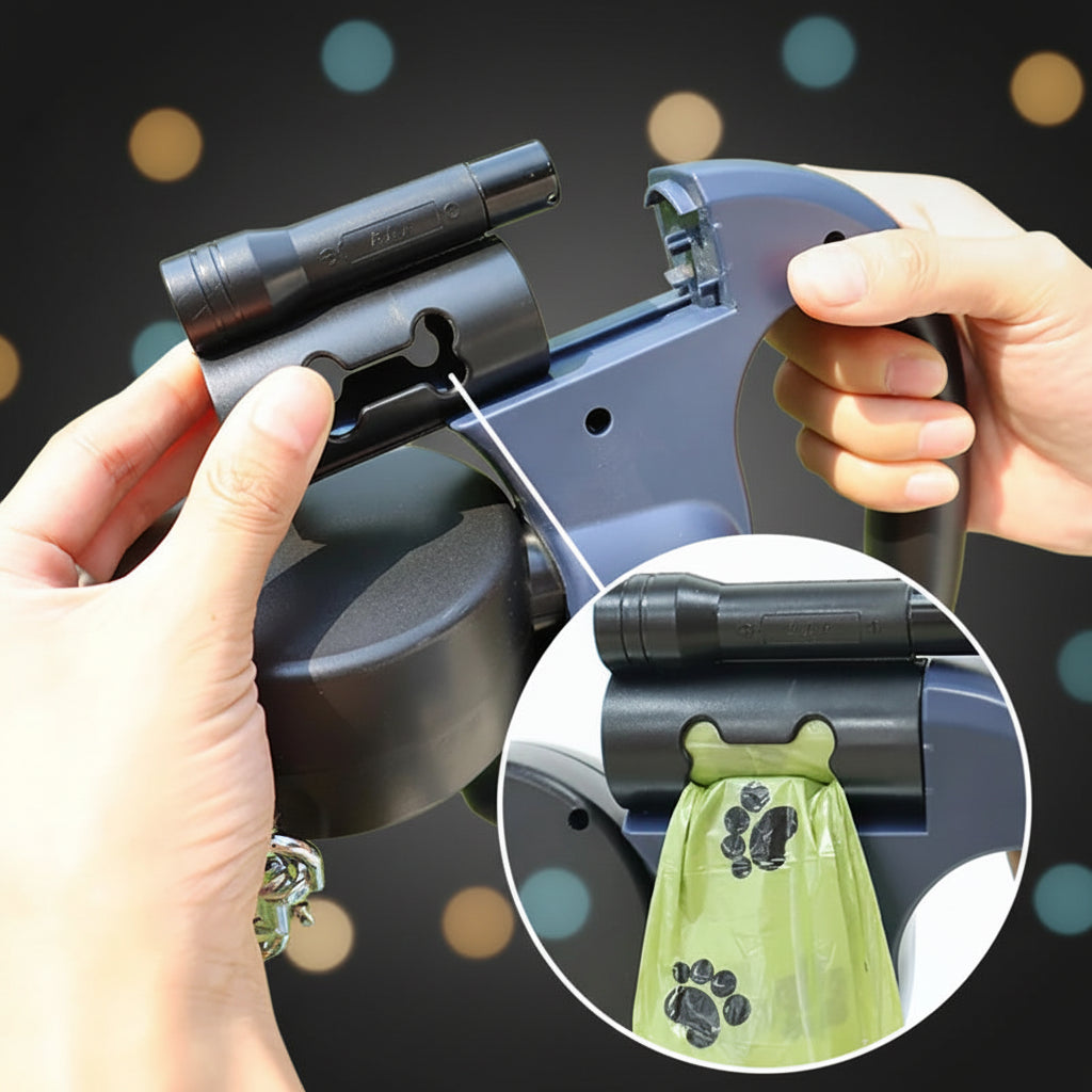 Pet waste bag dispenser with a close-up inset showing a green bag with paw prints.