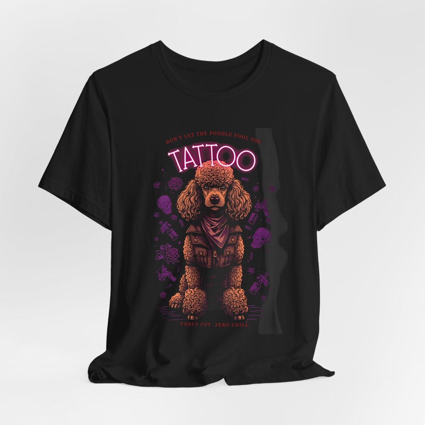 Poodle Biker Ink Shop t-shirt - dark grey heather - model wearing tee