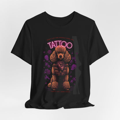 Poodle Biker Ink Shop t-shirt - dark grey heather - model wearing tee