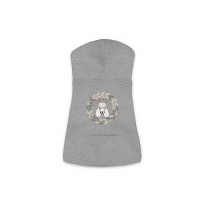 Poodle dog hoodie in Granite Heather — boho-inspired print on cosy fleece pullover, size M