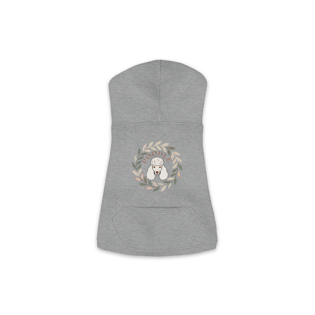 Poodle dog hoodie in Granite Heather — boho-inspired print on cosy fleece pullover, size S