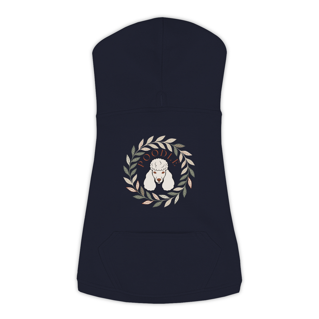 Poodle dog hoodie in Navy — boho-inspired print on cosy fleece pullover, size L