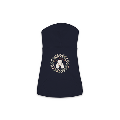 Poodle dog hoodie in Navy — boho-inspired print on cosy fleece pullover, size M