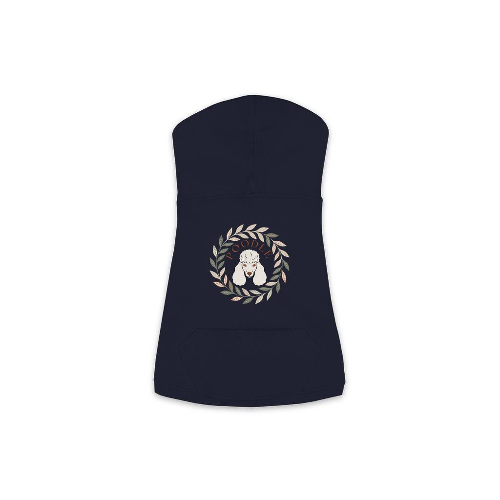 Poodle dog hoodie in Navy — boho-inspired print on cosy fleece pullover, size S