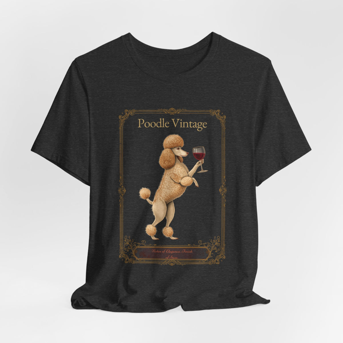 Close-up of Poodle Breed Sommelier wine label design on black t-shirt