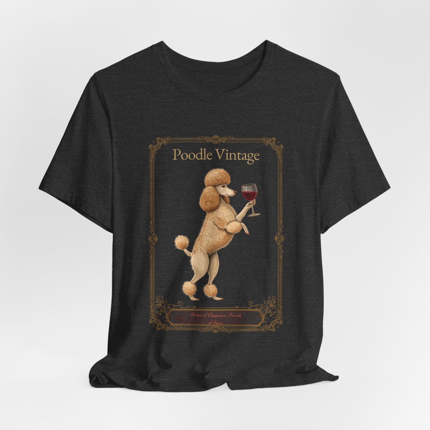 Close-up of Poodle Breed Sommelier wine label design on black t-shirt
