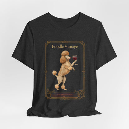 Close-up of Poodle Breed Sommelier wine label design on black t-shirt