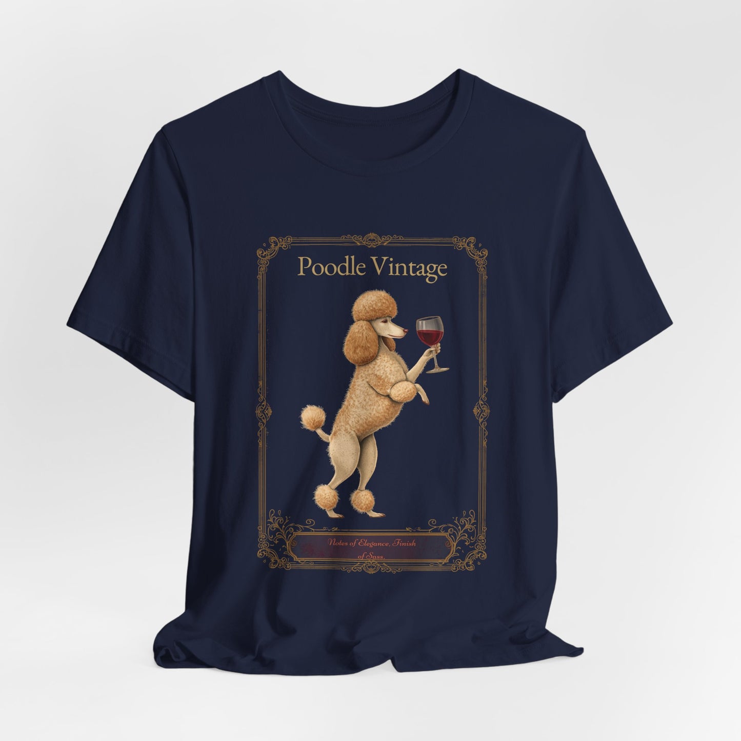 Close-up of Poodle Breed Sommelier wine label design on black heather t-shirt