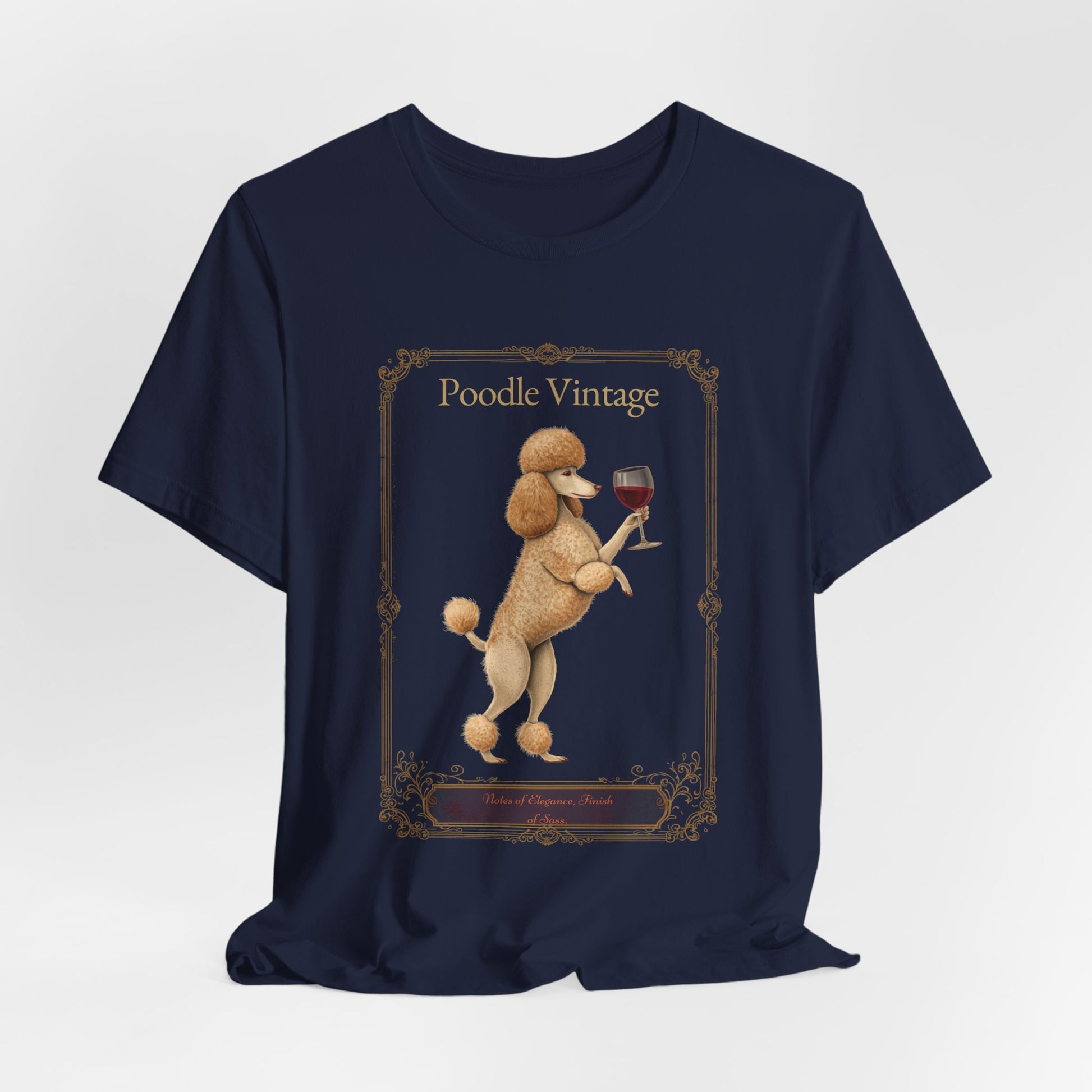 Close-up of Poodle Breed Sommelier wine label design on black heather t-shirt