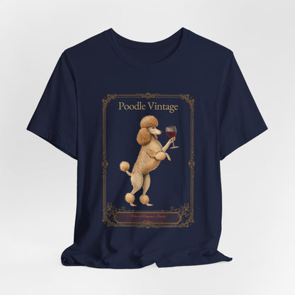 Close-up of Poodle Breed Sommelier wine label design on black heather t-shirt