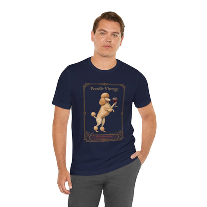 Close-up of Poodle Breed Sommelier wine label design on dark grey heather t-shirt