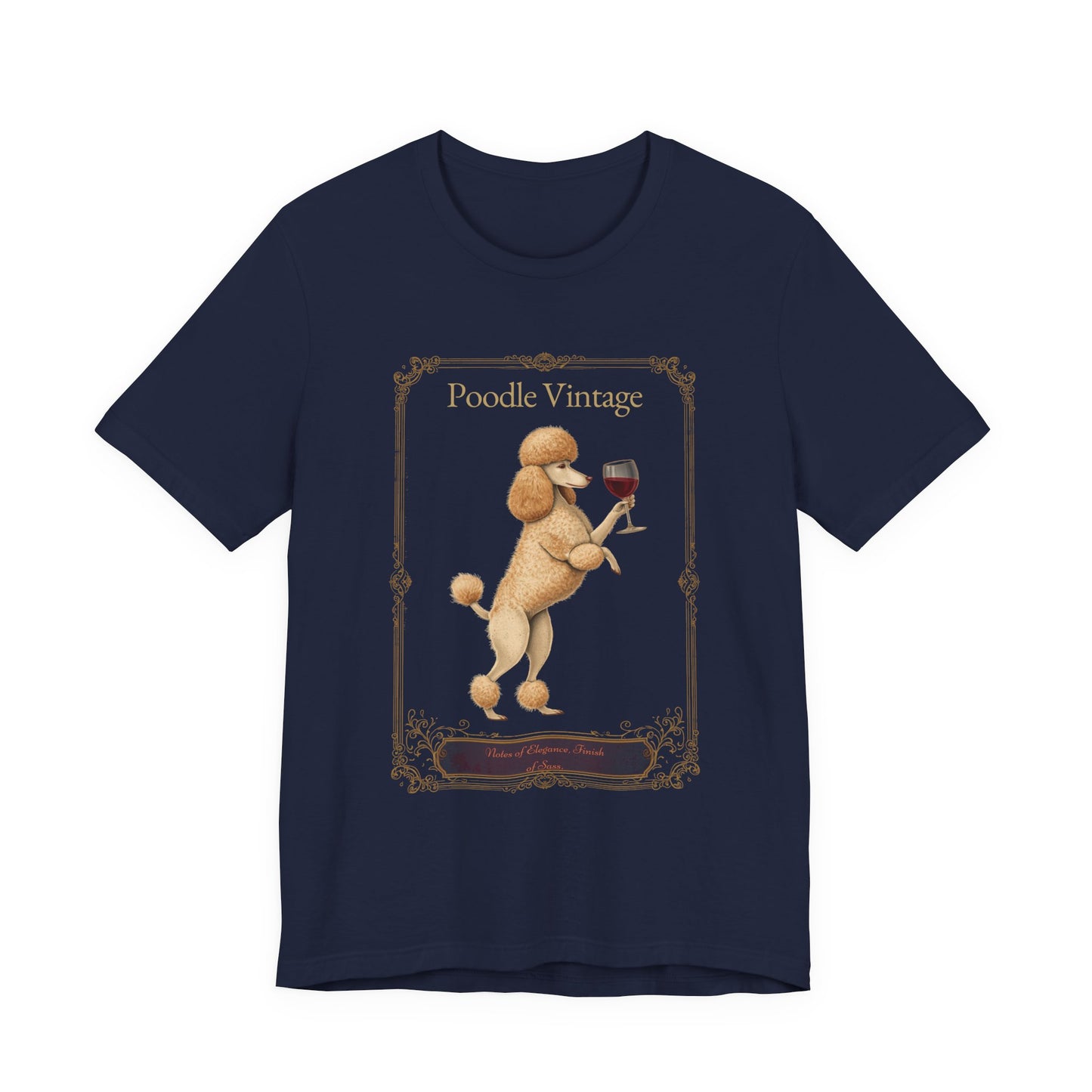 Close-up of Poodle Breed Sommelier wine label design on dark grey heather t-shirt