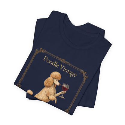 Close-up of Poodle Breed Sommelier wine label design on navy t-shirt