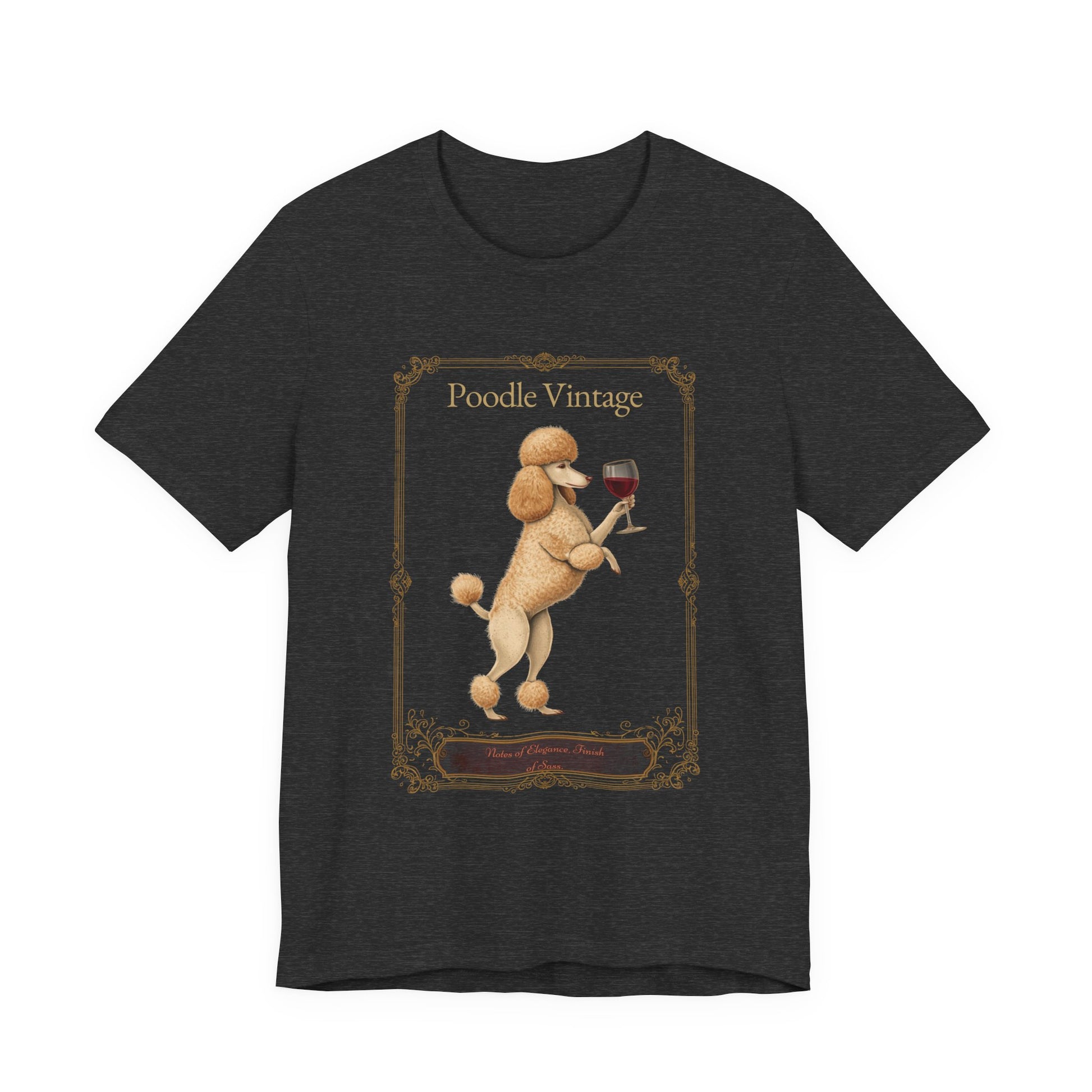 Poodle Breed Sommelier t-shirt flat lay in dark grey heather