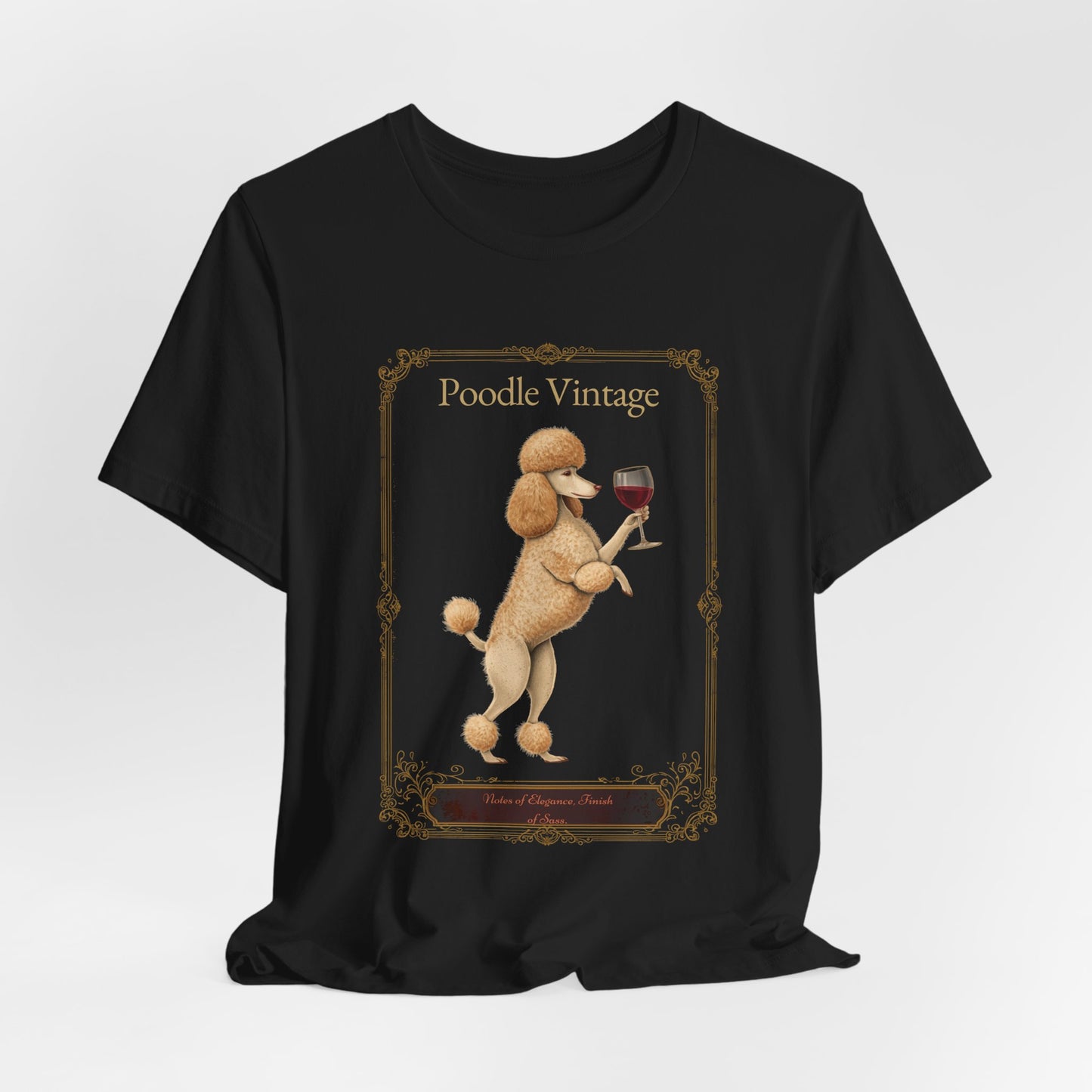 Model wearing Poodle Breed Sommelier t-shirt in black — lifestyle photo