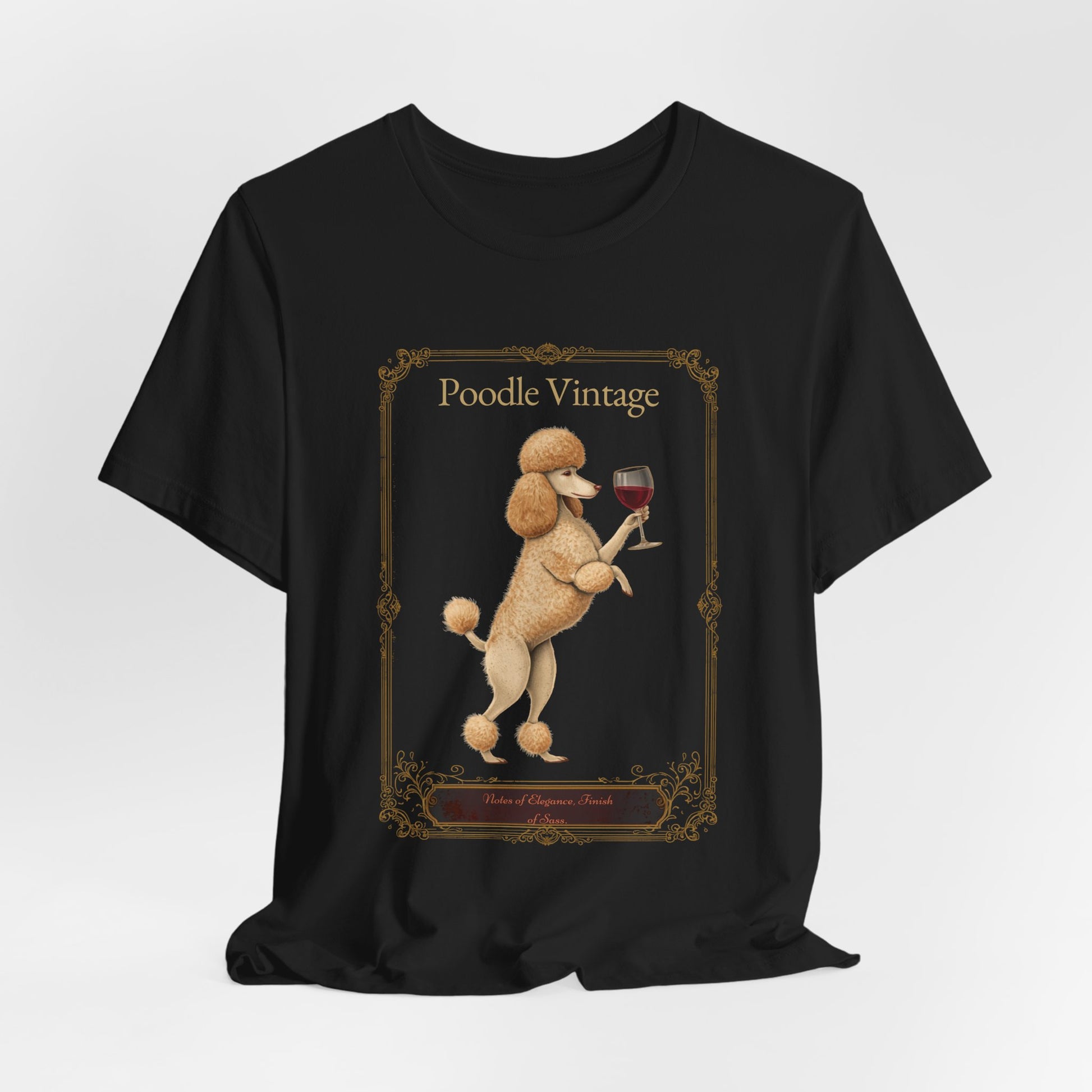 Model wearing Poodle Breed Sommelier t-shirt in black — lifestyle photo